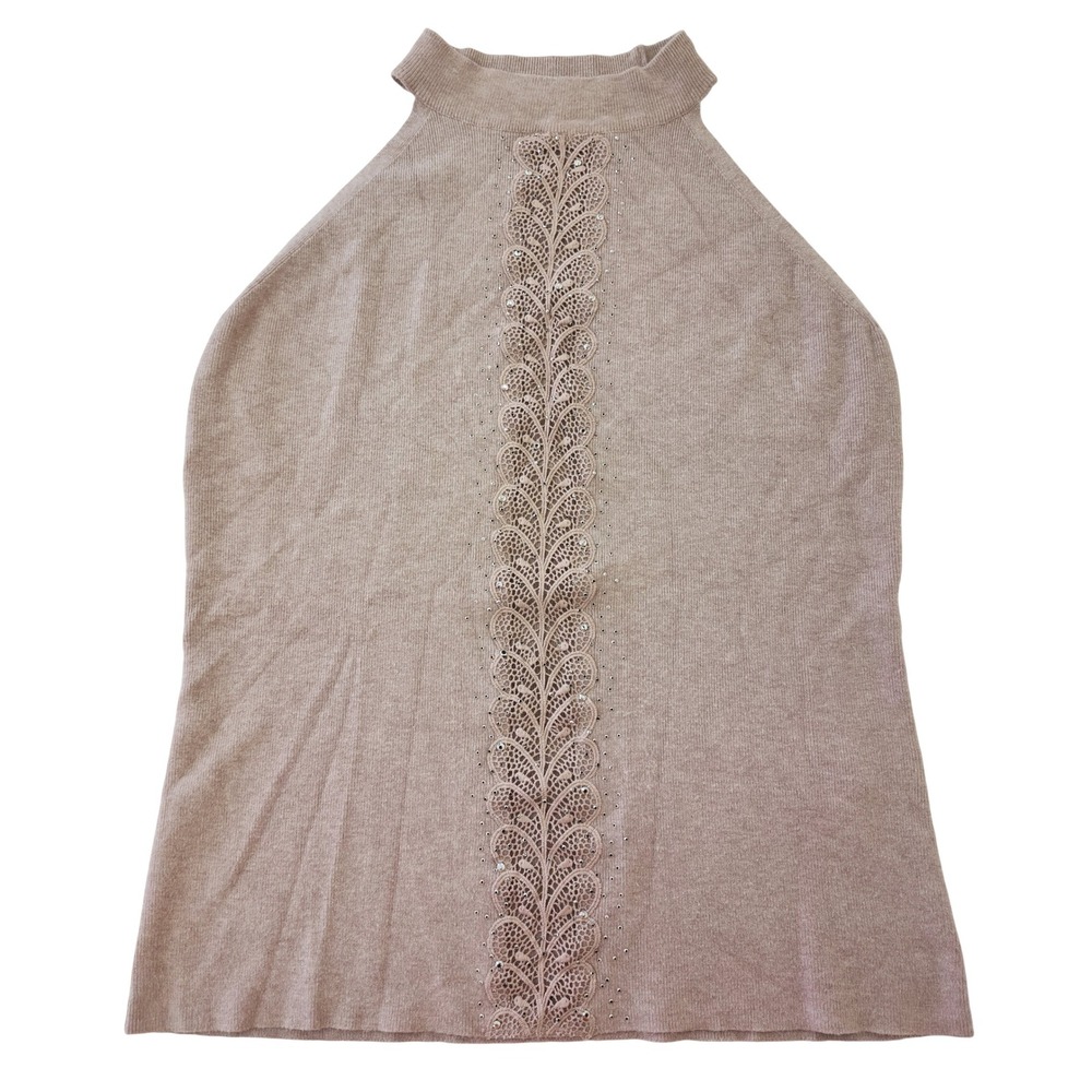 Mauve Knit Halter Top Mock Neck Lace Rhinestone Embellished Sleeveless Sweater